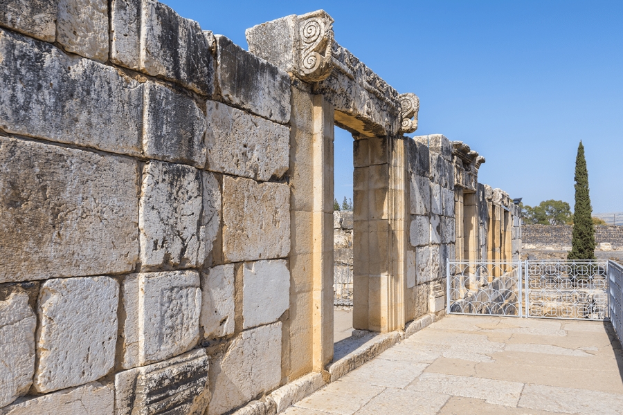 Ruins of ancient White synagogue in which Jesus Christ preached in biblical Capernaum, Israel.